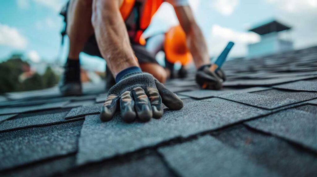 A person placing thick insulation in an attic space beneath ceiling rafters.
