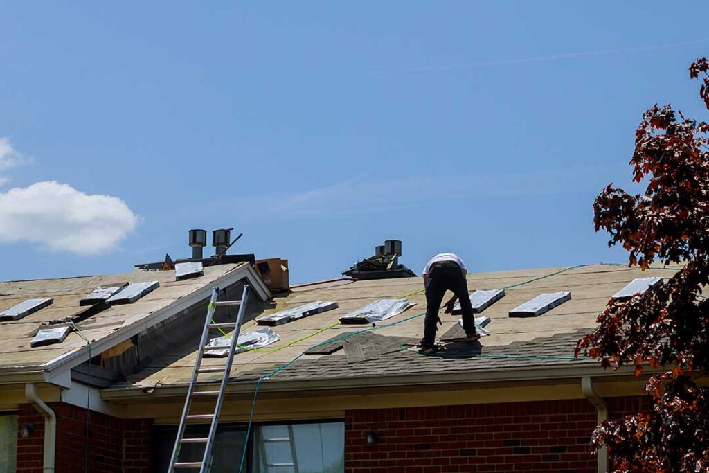 Vented soffits and painted fascia beneath a residential roof eave with attached gutters